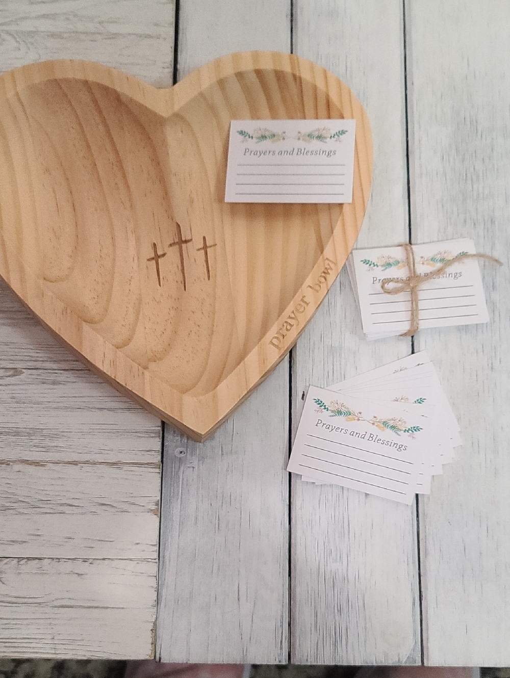 Wooden Heart Prayer Bowl - Natural Carved Wood With 3 Crosses & Prayer Cards NWT
